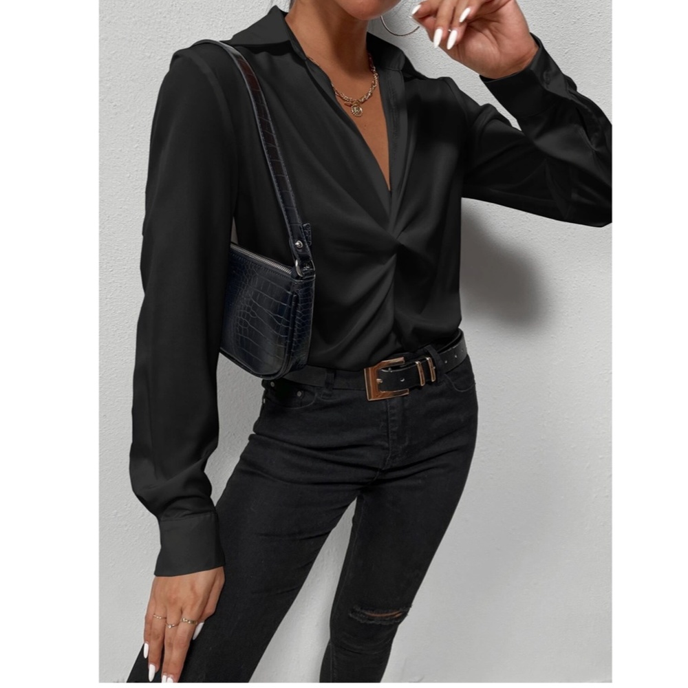 Twist Front Black Office Shirt Long Sleeve Collar Neckline V-Neck - Picture 4 of 8